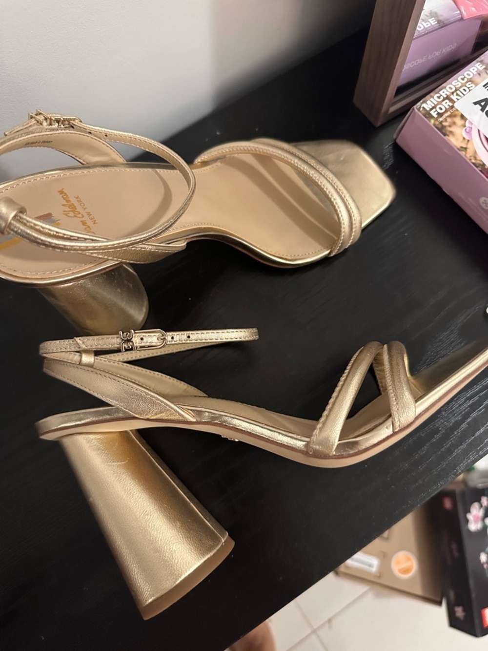 Sam Edelman Kia Metallic Gold Leaf Leather Ankle-Strap Block Heel Sandals - Picture 7 of 14